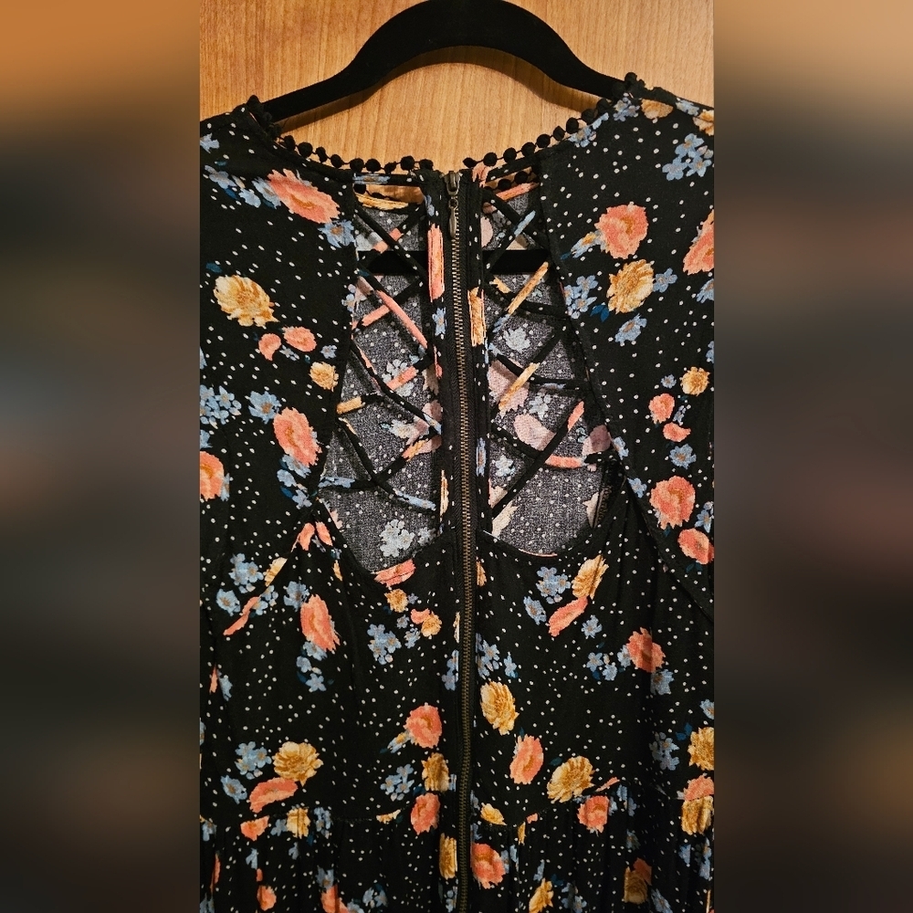 Xhilaration Black Floral Skater Mini Dress Pom Trim Short Sleeve - Picture 6 of 6